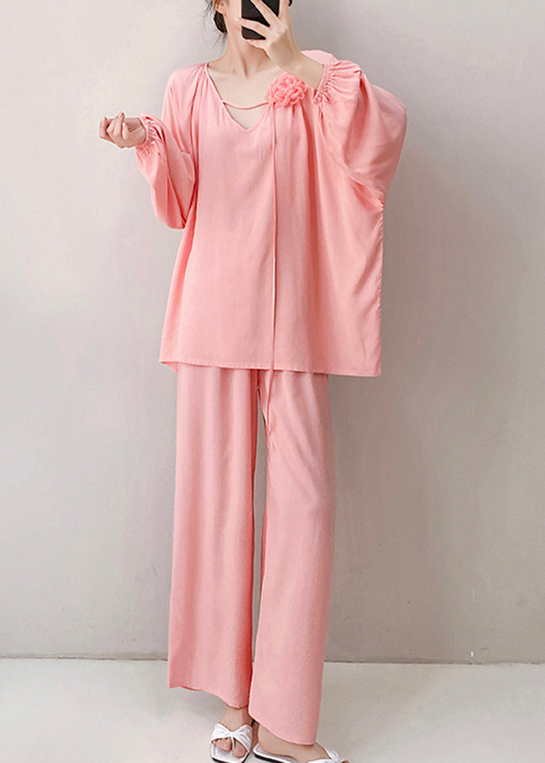 Set V Pink Fall Cotton Piece Pajamas Loose Floral Two Neck