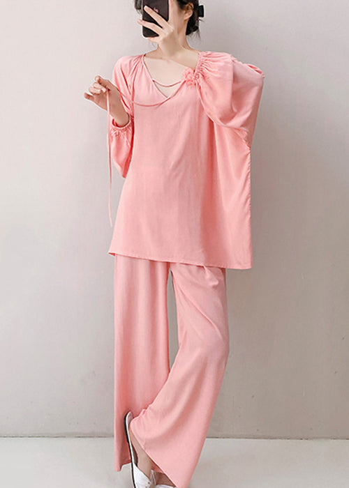 Set V Pink Fall Cotton Piece Pajamas Loose Floral Two Neck
