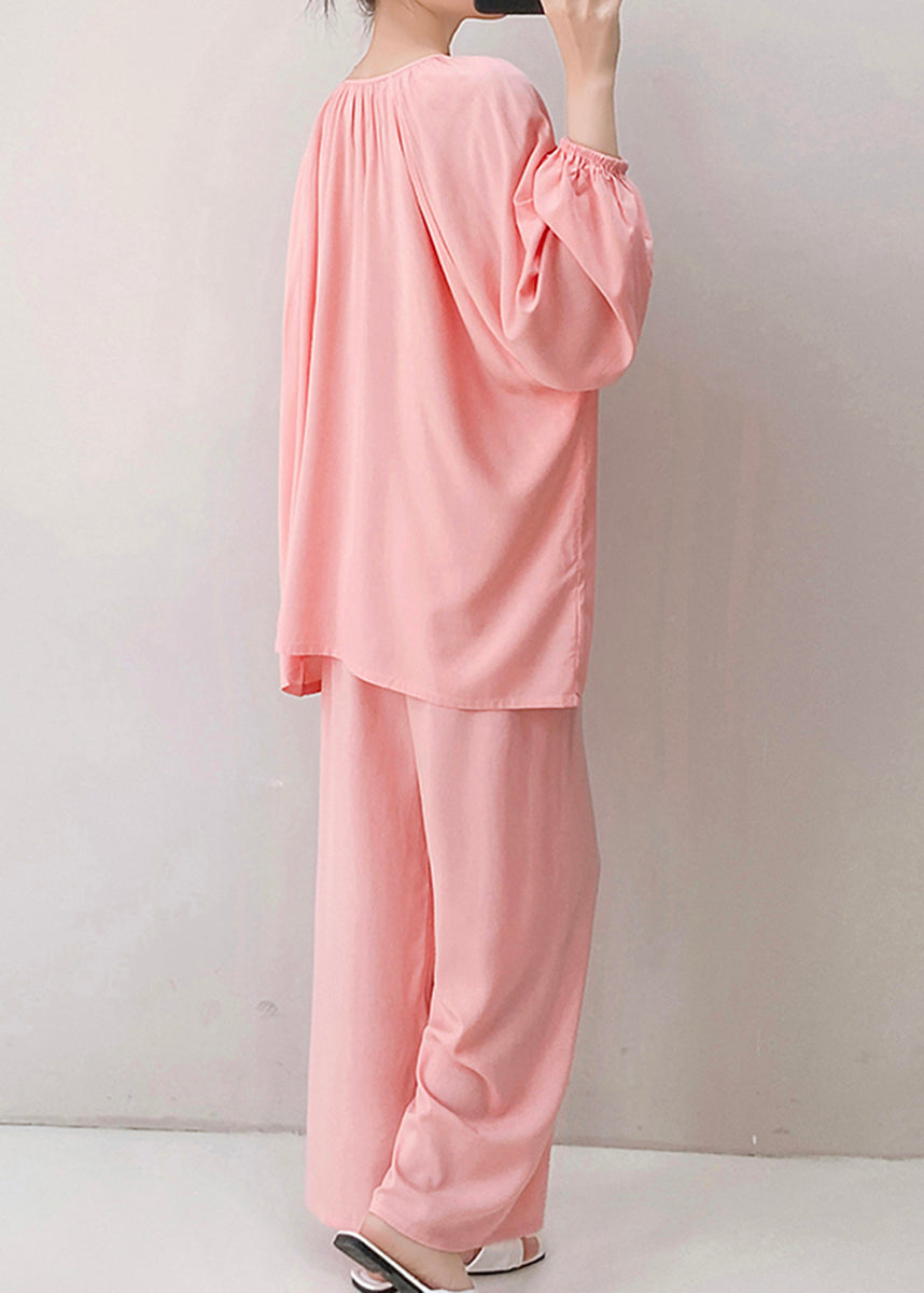 Set V Pink Fall Cotton Piece Pajamas Loose Floral Two Neck