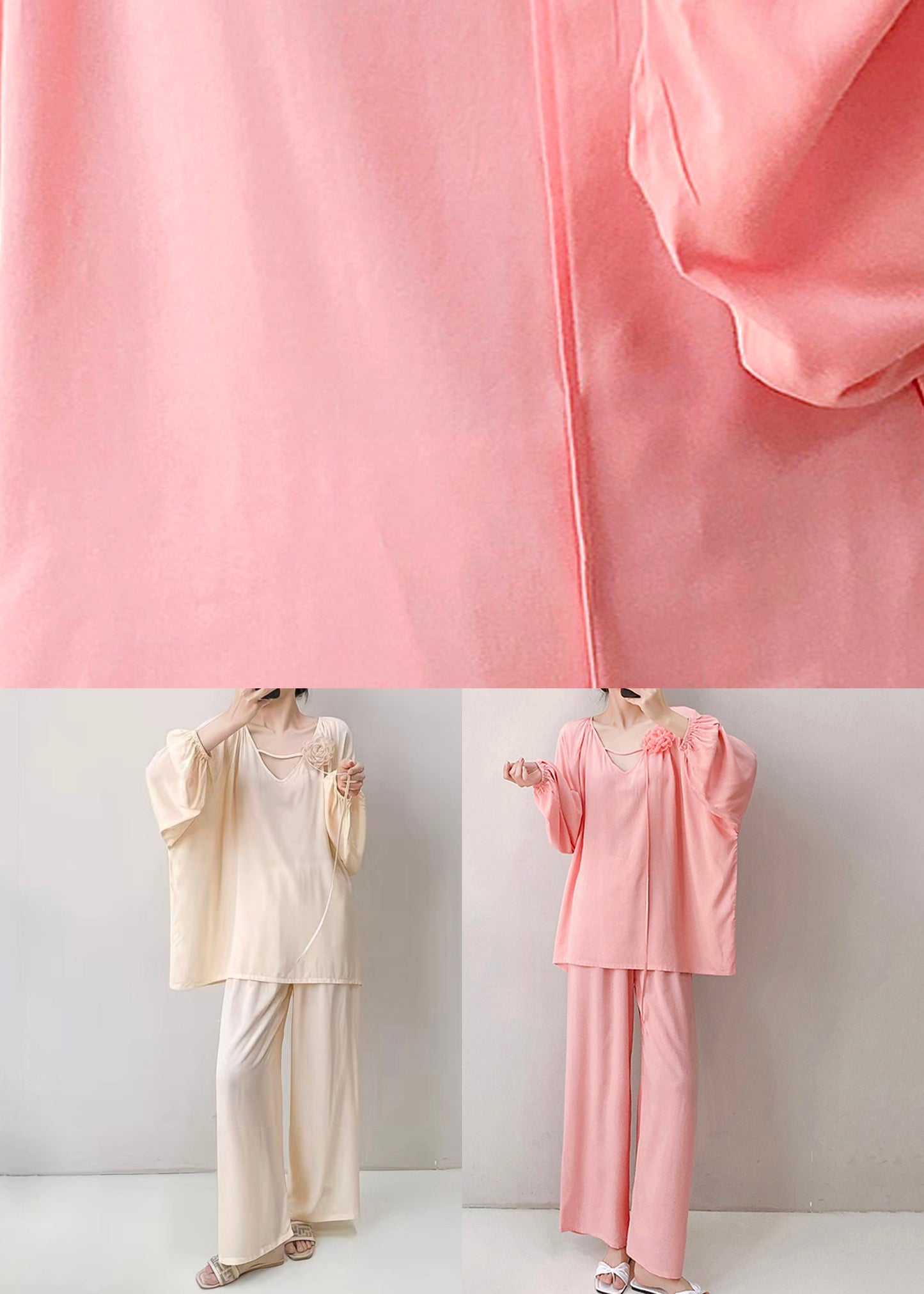 Set V Pink Fall Cotton Piece Pajamas Loose Floral Two Neck