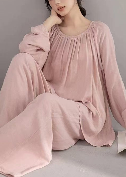 Two-Piece Set Cotton Fall Loose Pink Wrinkled Pajamas Solid
