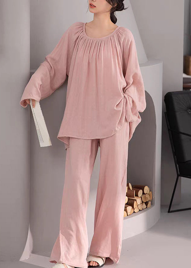 Two-Piece Set Cotton Fall Loose Pink Wrinkled Pajamas Solid