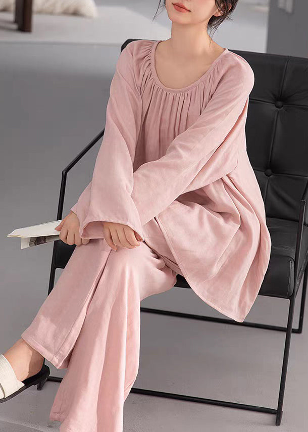 Two-Piece Set Cotton Fall Loose Pink Wrinkled Pajamas Solid
