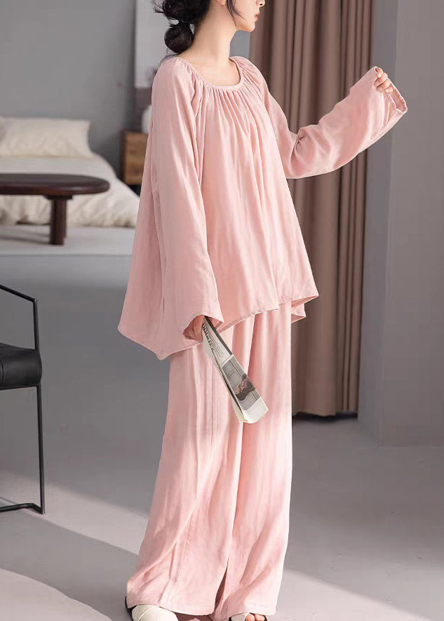 Two-Piece Set Cotton Fall Loose Pink Wrinkled Pajamas Solid