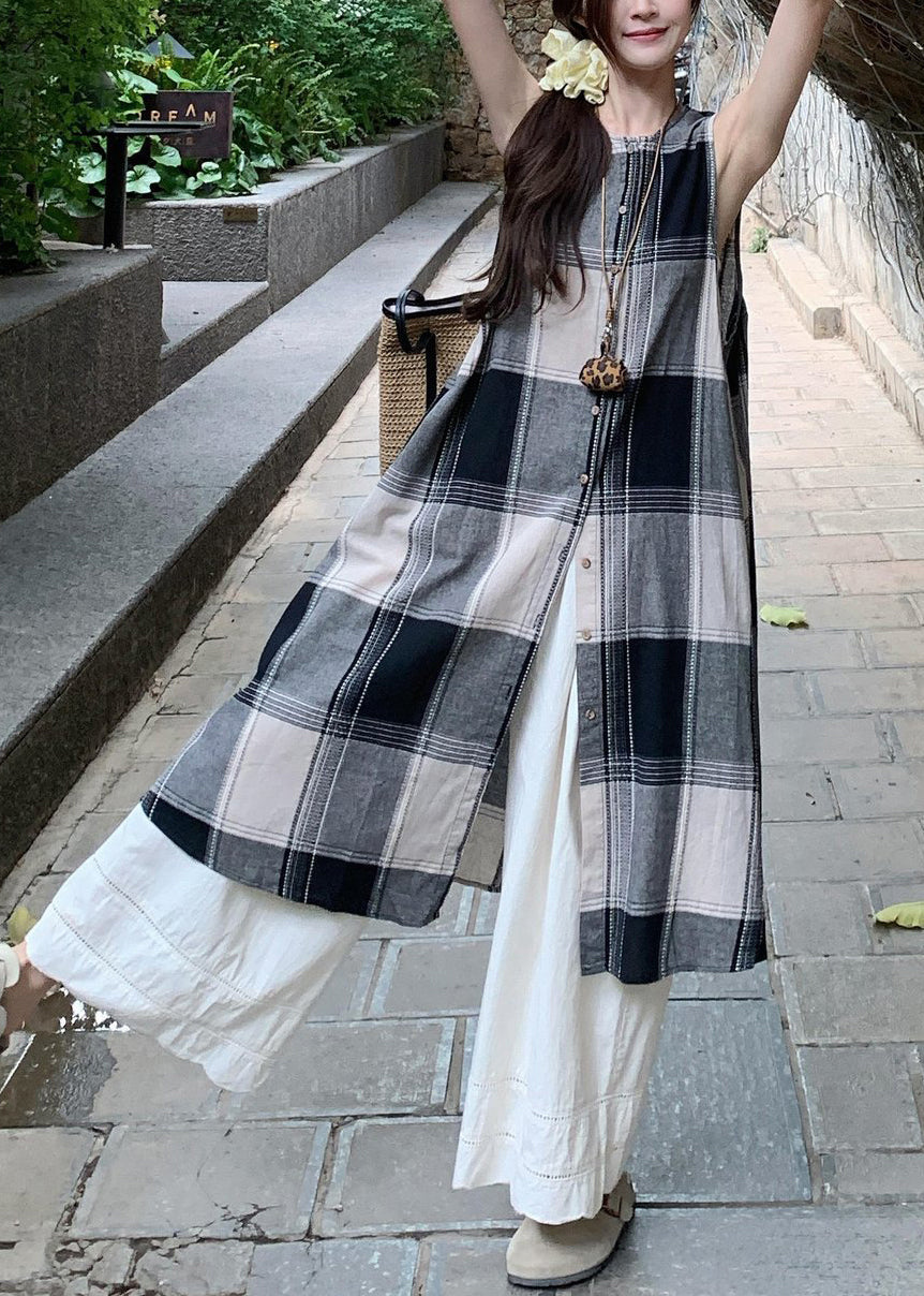 Cotton Dress Loose Pants Plaid Wide Shirts White And Two Leg