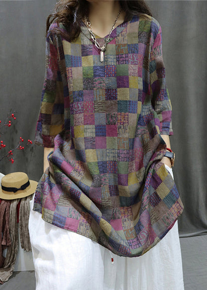 Loose Plaid V Neck Print Linen Shirt Half Sleeve GG036