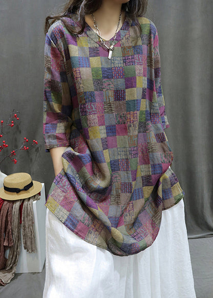 Loose Plaid V Neck Print Linen Shirt Half Sleeve GG036