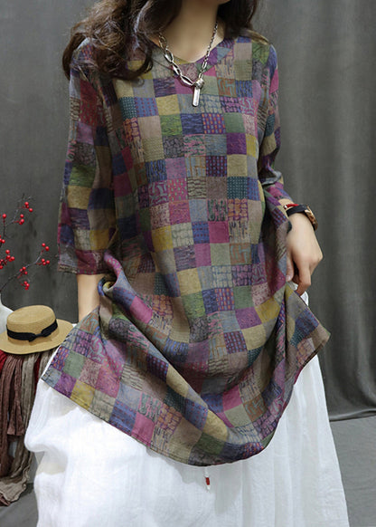 Loose Plaid V Neck Print Linen Shirt Half Sleeve GG036