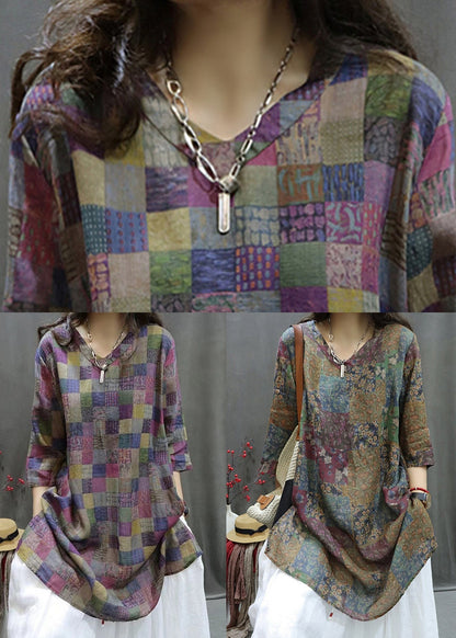 Loose Plaid V Neck Print Linen Shirt Half Sleeve GG036