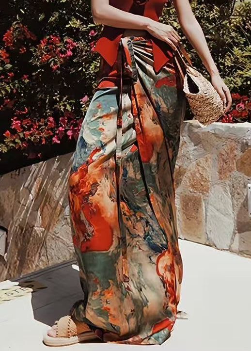 Lace Print High Skirts Summer Waist Silk Loose Up