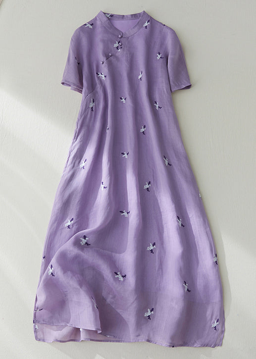 Robe ample en coton violet avec poches à boutons brodés été VV010