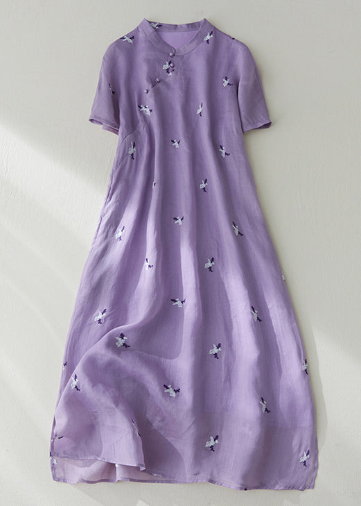 Robe ample en coton violet avec poches à boutons brodés été VV010