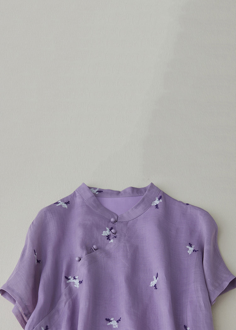 Robe ample en coton violet avec poches à boutons brodés été VV010