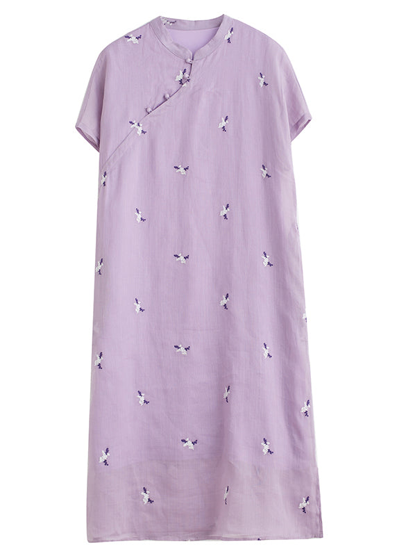 Robe ample en coton violet avec poches à boutons brodés été VV010