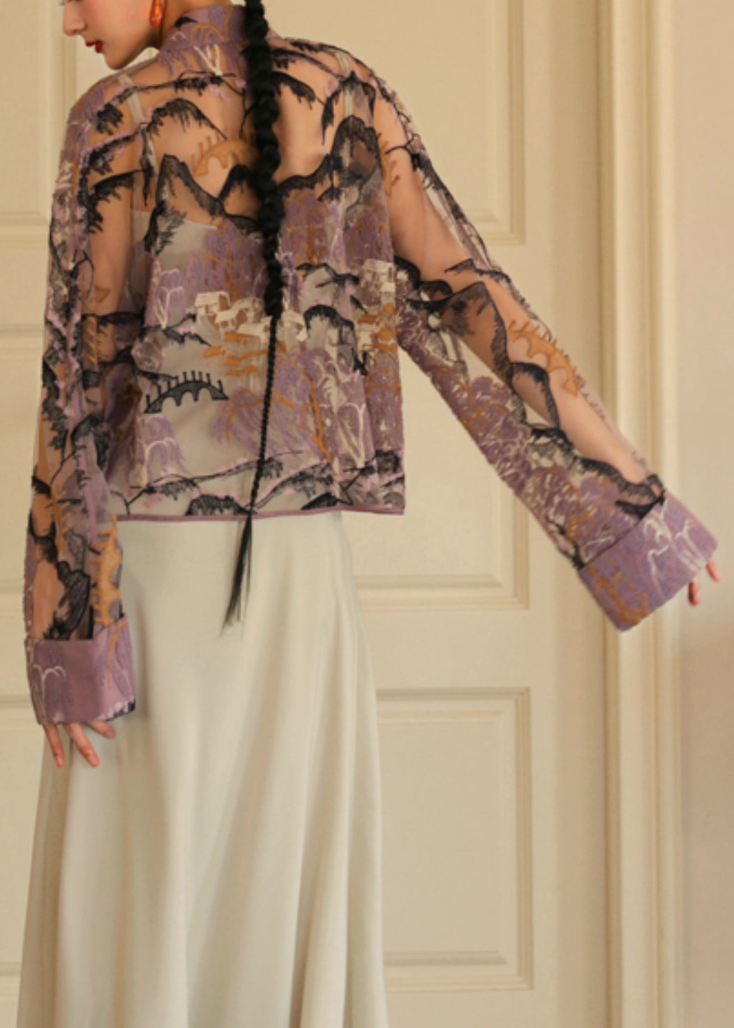 Loose Purple Embroidered Button Tulle Shirt Long Sleeve Ada Fashion