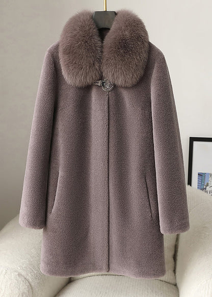 Loose Purple Fur Collar Button Woolen Coats Winter RC013