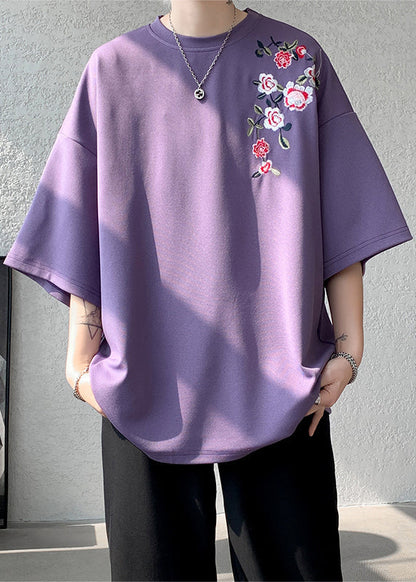 Loose Purple O Neck Embroideried Cotton Mens T Shirts Summer LK060