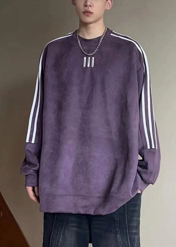 Loose Purple O Neck Patchwork Cotton Men Pullover Sweatshirt Fall EQ041