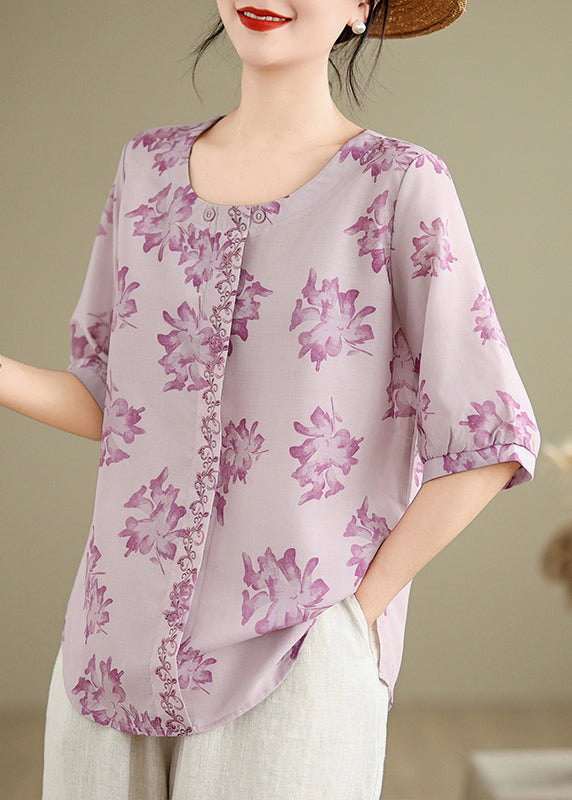 Loose Purple O-Neck Print Cotton Shirts Half Sleeve VV035