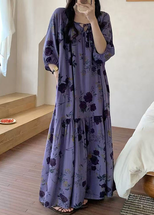 O Print Summer Pajamas Loose Neck Wrinkled Dresses Cotton Purple