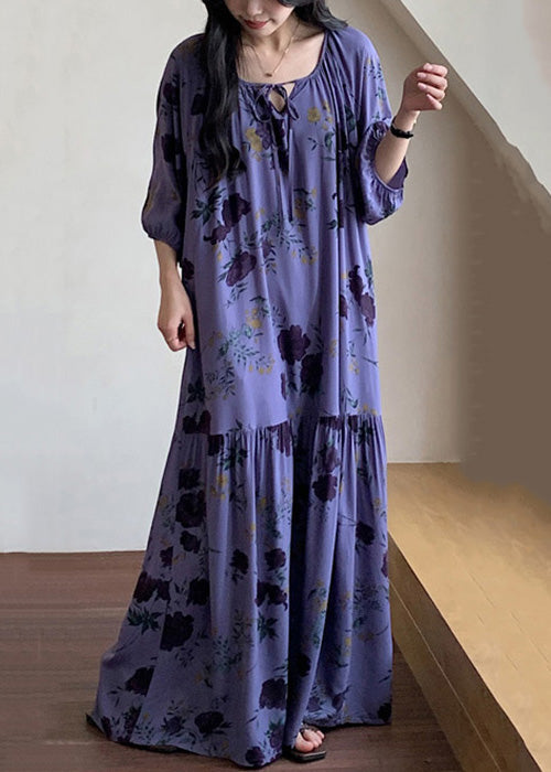 O Print Summer Pajamas Loose Neck Wrinkled Dresses Cotton Purple
