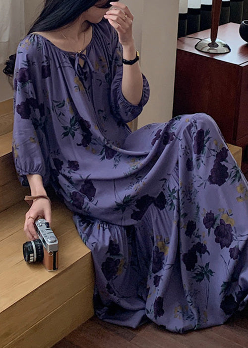 O Print Summer Pajamas Loose Neck Wrinkled Dresses Cotton Purple