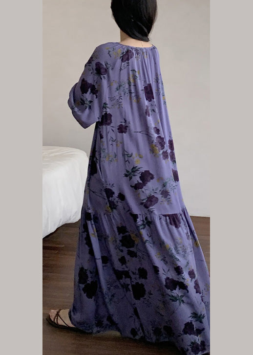 O Print Summer Pajamas Loose Neck Wrinkled Dresses Cotton Purple