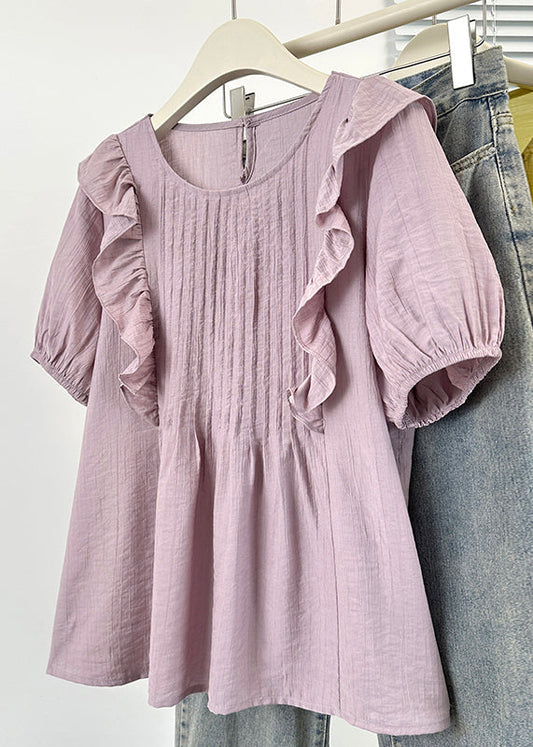Summer Purple Cotton O Loose Blouse Wrinkled Neck