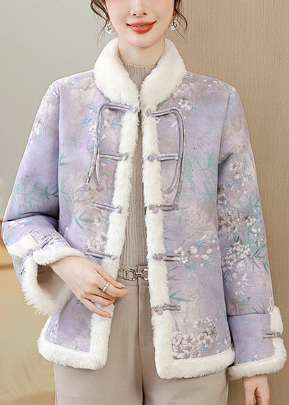 Loose Purple Print Button Patchwork Warm Fleece Parka Winter RZ025