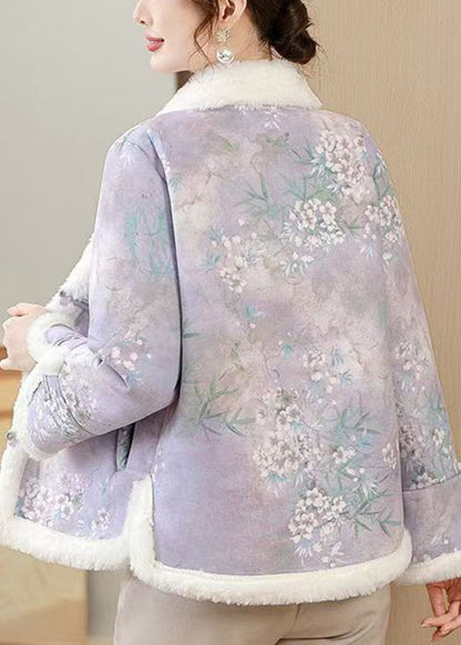 Loose Purple Print Button Patchwork Warm Fleece Parka Winter RZ025