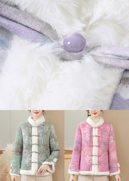 Loose Purple Print Button Patchwork Warm Fleece Parka Winter RZ025