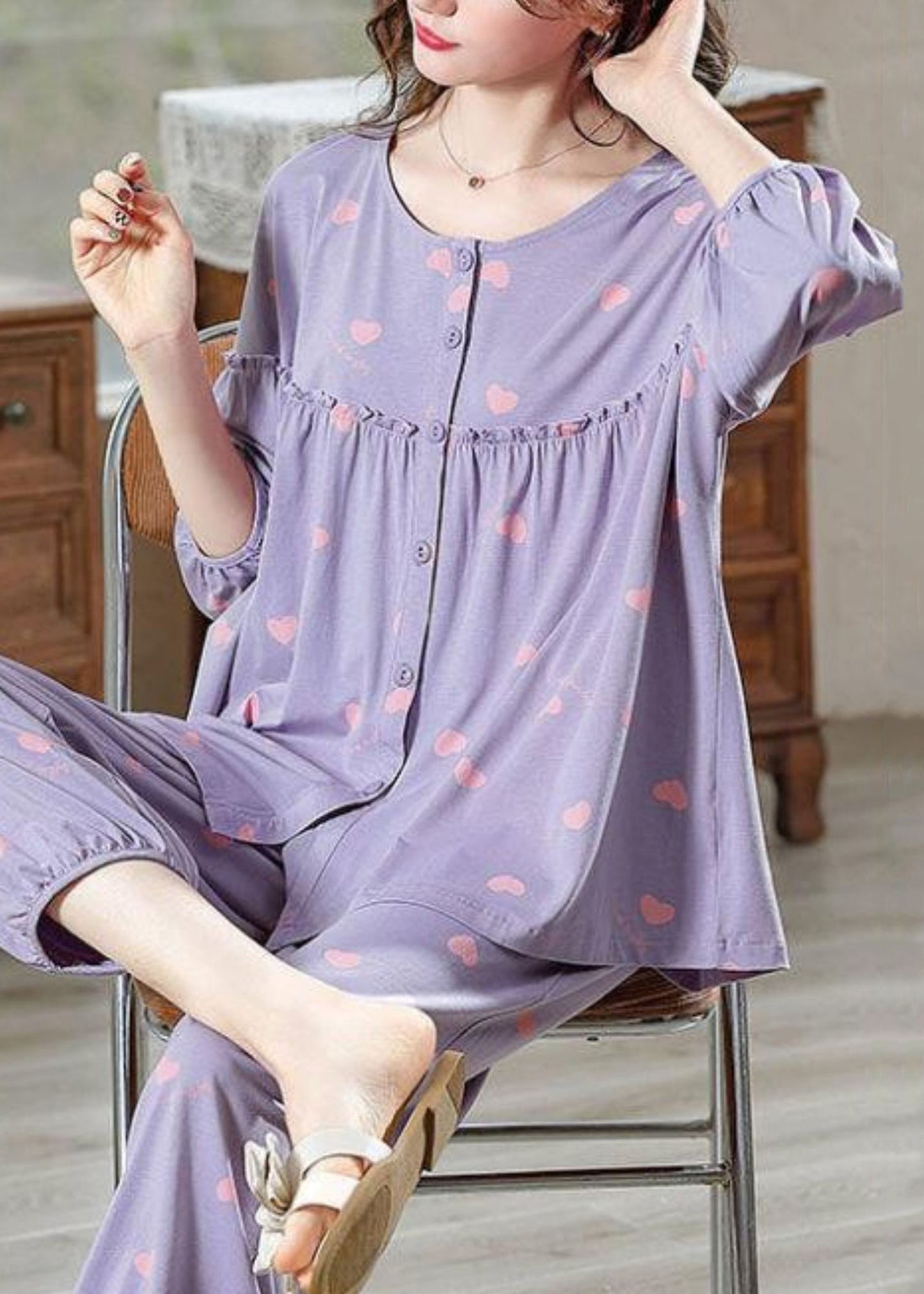 Cotton Pieces Bracelet Set Loose Pajamas Ruffled Print Two Purple