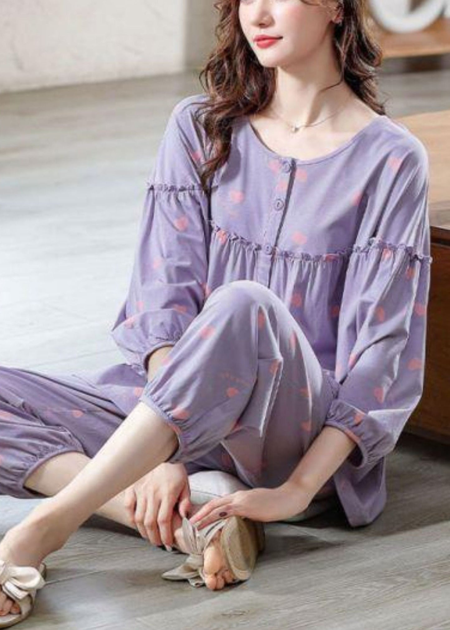 Cotton Pieces Bracelet Set Loose Pajamas Ruffled Print Two Purple