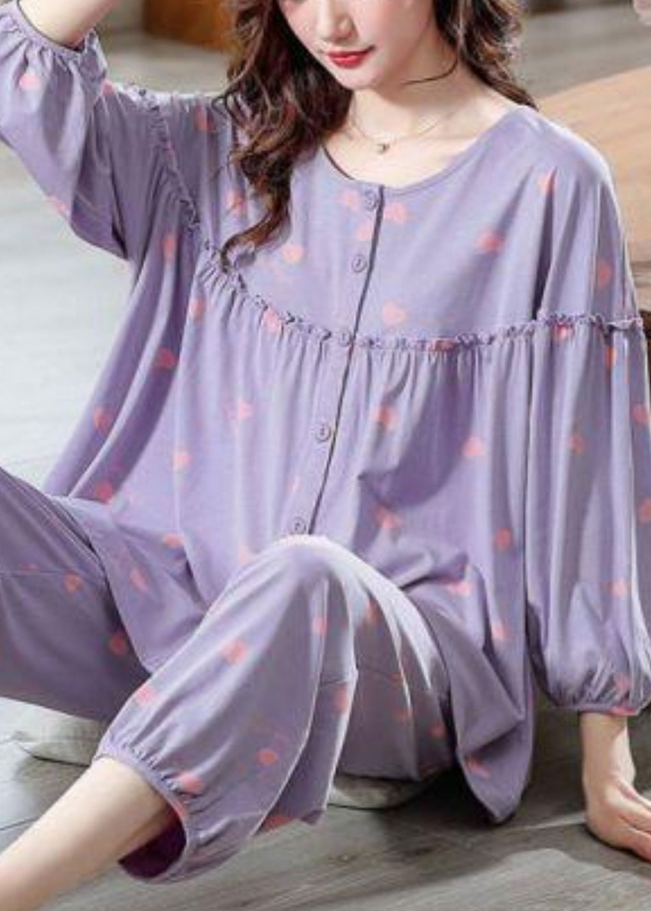 Cotton Pieces Bracelet Set Loose Pajamas Ruffled Print Two Purple
