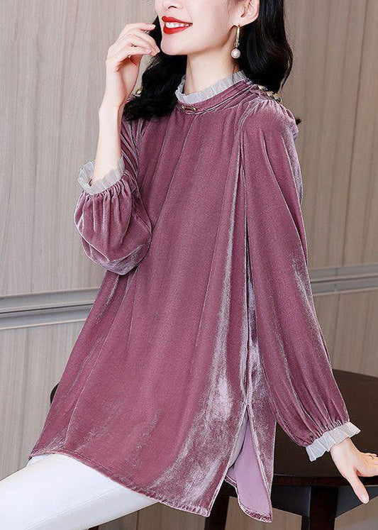 Loose Purple Ruffled Side Open Velour Tops Spring RH033