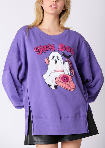 Loose Purple Sequins Side Open Cotton Sweatshirt Long Sleeve AE1003