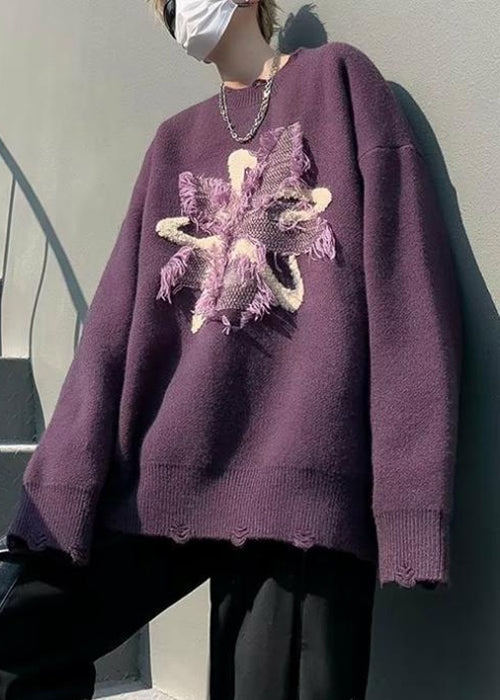 Loose Purple Tasseled Hole Knit Men Sweater Winter RC035