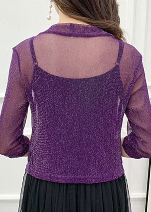 Loose Purple V Neck Bright Silk Tulle Cardigans Summer Ada Fashion