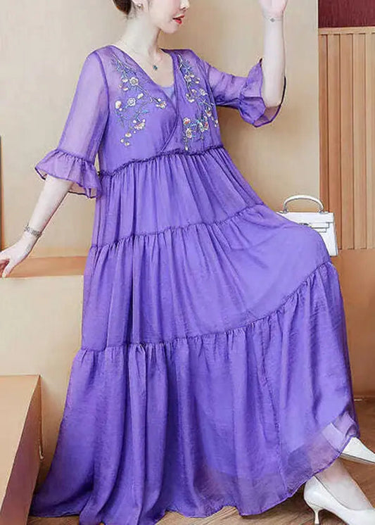 Loose Purple V Neck Embroidered Wrinkled Patchwork Chiffon Dress Summer Ada Fashion