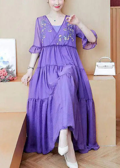 Loose Purple V Neck Embroidered Wrinkled Patchwork Chiffon Dress Summer Ada Fashion