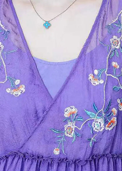 Loose Purple V Neck Embroidered Wrinkled Patchwork Chiffon Dress Summer Ada Fashion