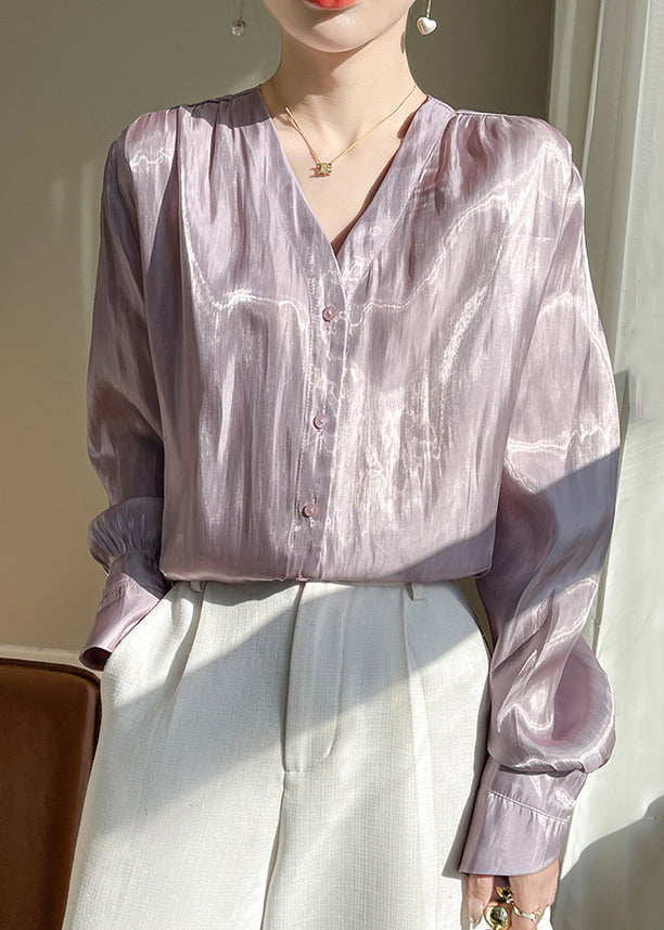 Loose Purple V Neck Solid Silk Shirt Long Sleeve AB1017