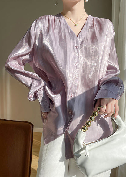 Loose Purple V Neck Solid Silk Shirt Long Sleeve AB1017