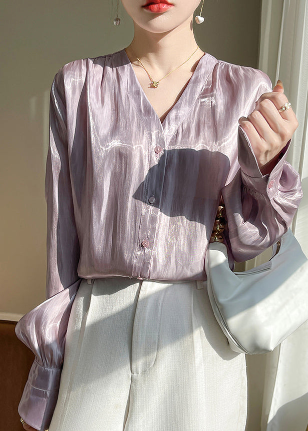 Loose Purple V Neck Solid Silk Shirt Long Sleeve AB1017