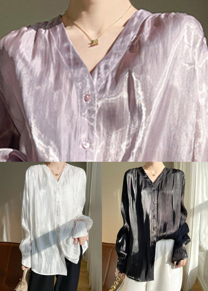 Loose Purple V Neck Solid Silk Shirt Long Sleeve AB1017