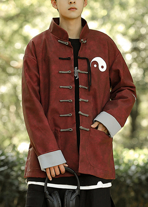 Loose Red Chinese Button Pockets Faux Leather Mens Coats Winter RO033