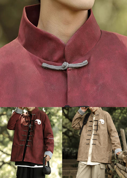 Loose Red Chinese Button Pockets Faux Leather Mens Coats Winter RO033