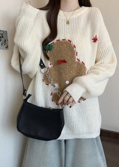 Loose Red O Neck Embroidered Thick Christmas Knit Sweater Winter RG027