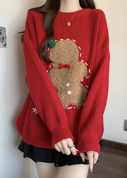 Loose Red O Neck Embroidered Thick Christmas Knit Sweater Winter RG027