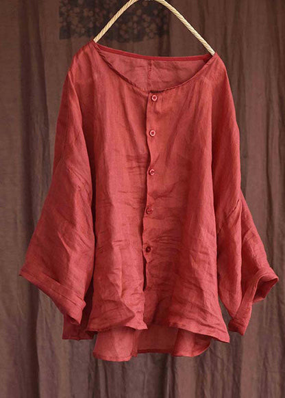 Loose Red O-Neck Low High Design Linen Tops Bracelet Sleeve BV068